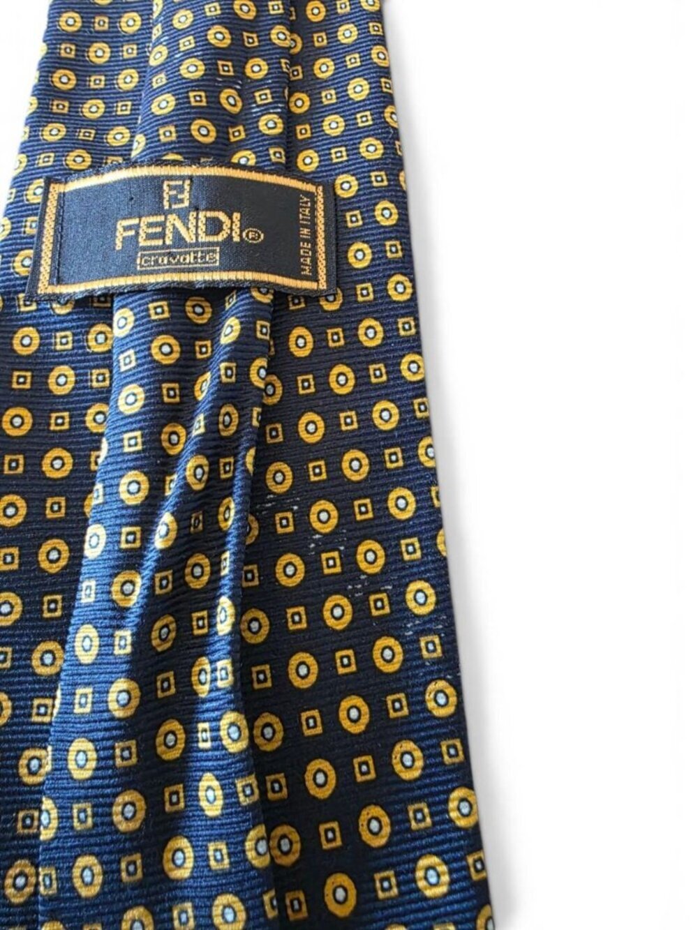 Fendi Cravatte Silk Tie Black Yellow Geometric Medallion Italy Designer Necktie - Picture 14 of 16